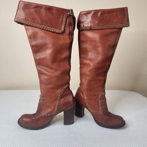 Vintage 70s Zodiac Tall Boots Womens Size 6.5 Brown Stacked Heel Boho Hippy - Picture 1 of 16